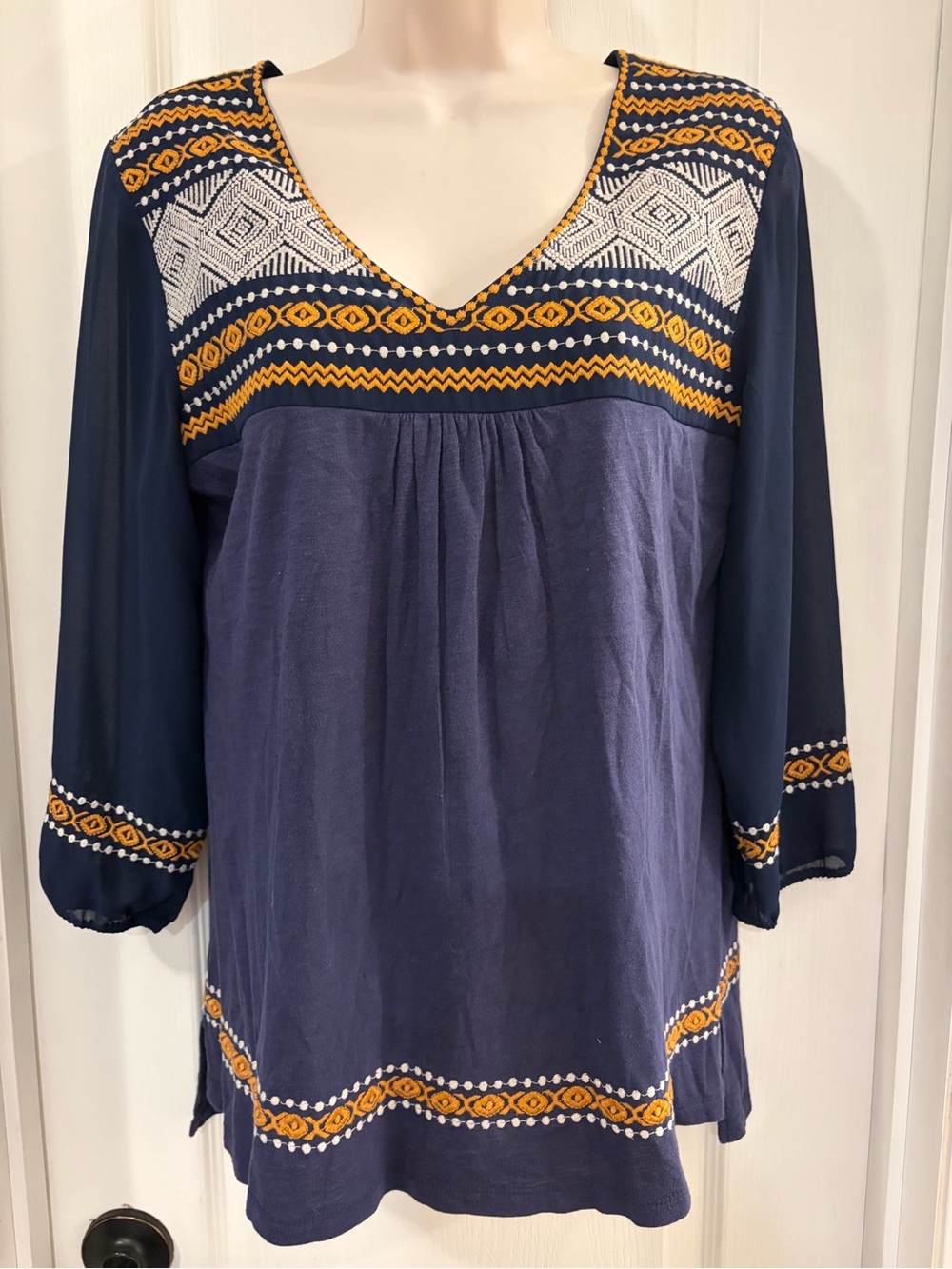 TMHL Embroidered V-Neck Tunic Top in Navy and Mustard